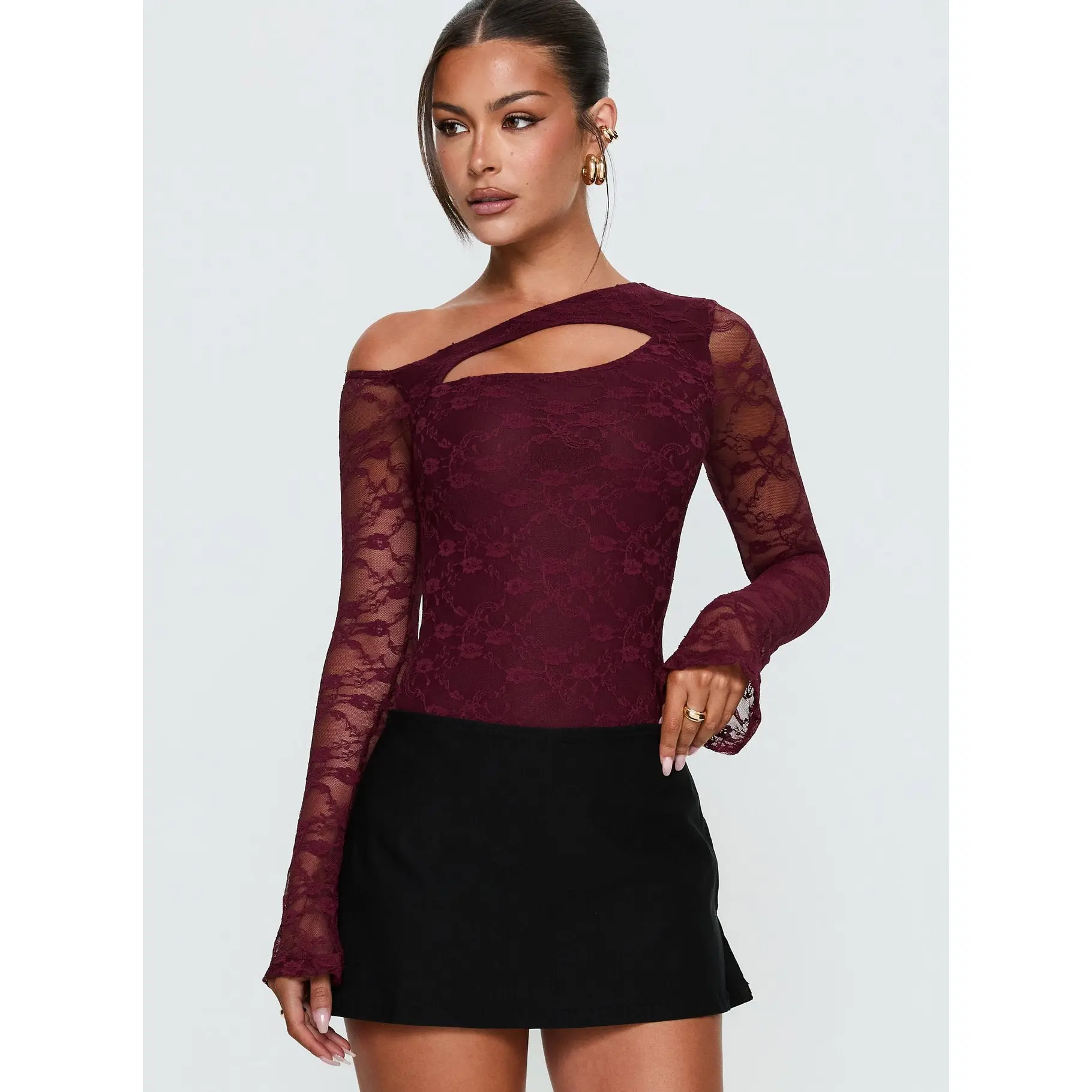 Macaria Long Sleeve Lace Bodysuit Red