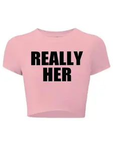 Women's "REALLY HER" Slogan Print Crop Tee, Casual Slim-fitting Short Sleeve T-shirt, Letter Print Top, Ladies Summer Clothes for Daily Wear