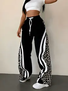 Women's black leopard print with white contrast stripes, drawstring waist, pocket design, wide-leg sports pants, suitable for summer, suitable for daily, sports wear, Casual Fashion Pants