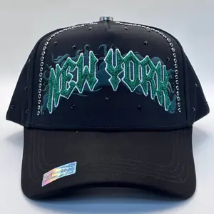 Hat New York Skull Black Green Crystals