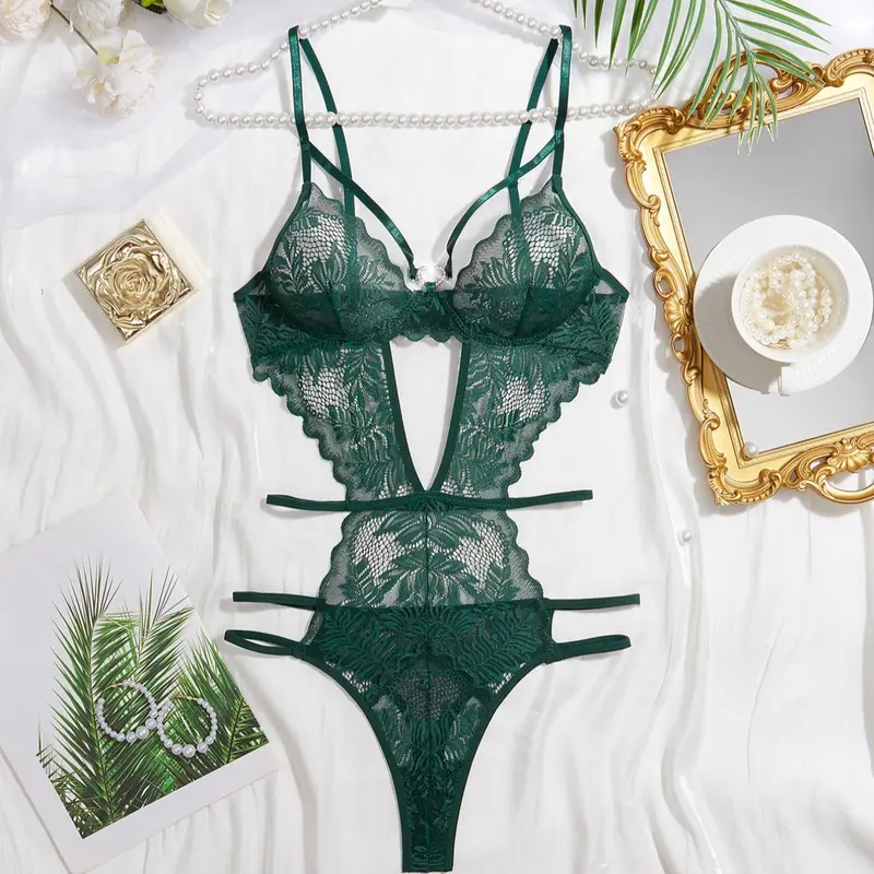 Women's Sexy Lace Cut Out Jumpsuit, Lightweight Comfortable One-Piece Dress, All Seasons Lingerie, Plain Design, Trendy Fashion Wear, Underwear, Womenswear, Lace Lingerie