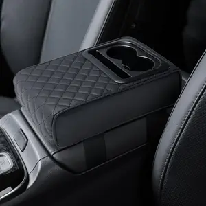 Car Center Console Armrest Pillow, Memory Foam Auto Armrest Box Cover with Cup Holder & Phone Holder, Waterproof Leather Arm Rest Protector Cushion, Car Accessories (Diamond Pattern)