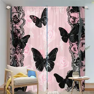 2Pcs Gothic Black Butterfly & Rose Pattern Window Curtains for Living Room, Bedroom, Kitchen, Home Decor, Privacy Protection, Darkening, Decorative Drapes Translucent tube bag design
