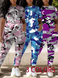 Plus Size Women's Camo Print Matching Set - Short Sleeve Tee & Leggings Two-Piece Outfit | Spring Summer Essential | Machine Washable | Perfect Juneteenth & 4th of July Gift | Best Present for Family & Friends