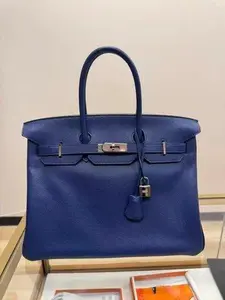 Pre-owned HERMÈS LEATHER Tote Bags BIRKIN 35 BLUE SAPPHIRE PALLADIUM HARDWARE