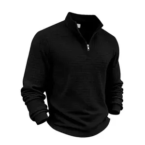 Men's autumn and winter solid color waffle weave pullover sweatshirt, regular style leisure zipper placket long sleeve knitted sweater, men' outdoor sports clothing,