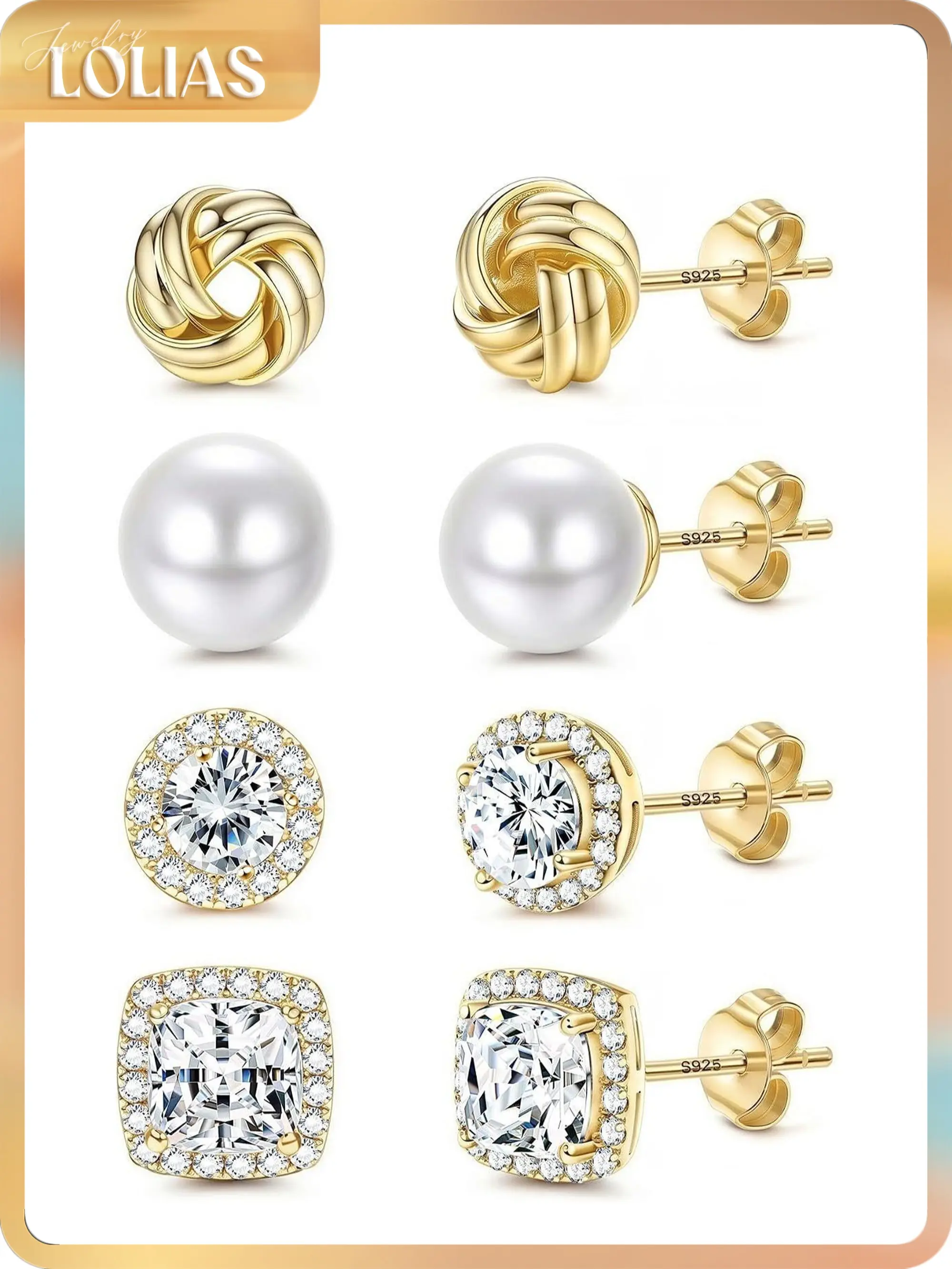 LOLIAS 4 Pairs Hypoallergenic Stud Earrings for Women 14K Gold Plated | Sterling Silver,Big Simulated Pearl Love Knot,Brilliant Cubic Zirconia Halo Earrings Studs for Sensitive Ears Everyday Formal