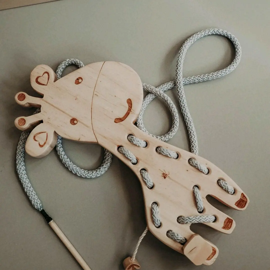 Giraffe Handmade Lacing Toy - 100% Cotton with Beeswax Polish, Strengthens Hand Muscles & Improves Hand-Eye Coordination. Made by Kaspiland
