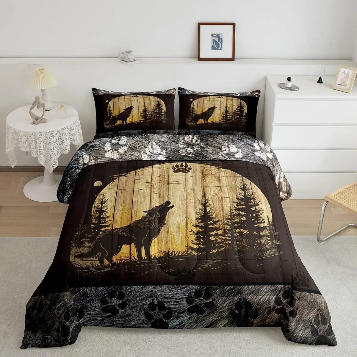 Feelyou 3D Wolf Animal Print Unique Bedding Sets - Contemporary Multi-Size Cozy Setup, Breathable All-Seasons Fur Comforter Bedspread Set with Howling Wolves, Moon Geometric Design for Modern Bedroom Decor, Animals