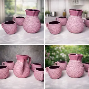 Talavera Pitcher Set w/ 4 Mugs | Pink & White | Lead Free