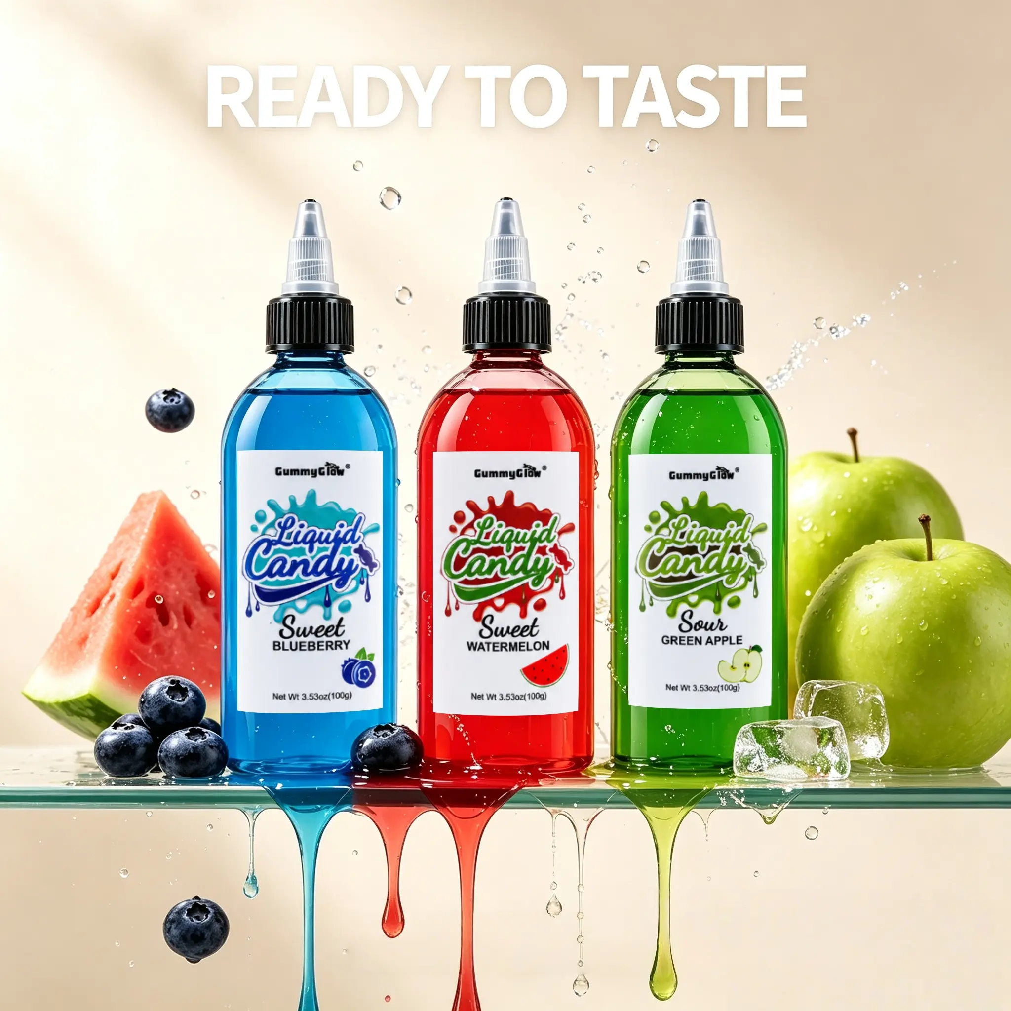GummyGlow Liquid Candy, 3-Pack, 3.53oz Each – Green Apple, Watermelon & Blueberry, Stretchy Gel Topping for Ice Cream, Pancakes & Beyond
