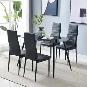 4pcs Elegant Assembled Stripping Texture High Backrest Dining Chairs Black