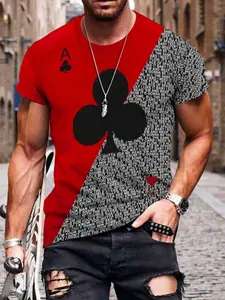 Unisex Poker Print Short Sleeve Round Neck T-Shirt, Casual Graphic Tee for All Seasons, Fitted Long Top, Trendy Fashion Design, Man