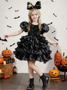 Girl's Glitter Contrast Sequin Tiered Layer Tulle Dress with Hairband, Elegant Puff Sleeve Dress for Party, Kids Clothes for All Seasons