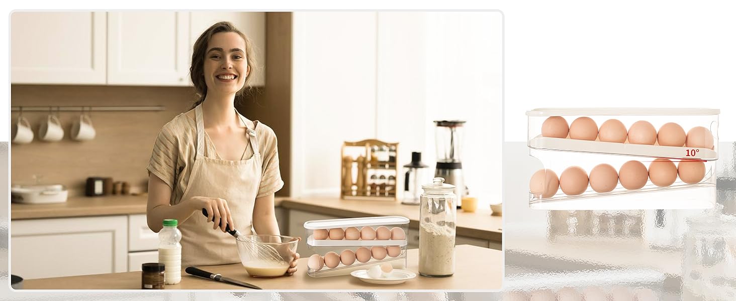 Auto Rolling Fridge Egg Organizer, Space Saving Eggs Dispenser for Refrigerator Storager with Lid,Egg Holder for Fridge 2 Pack