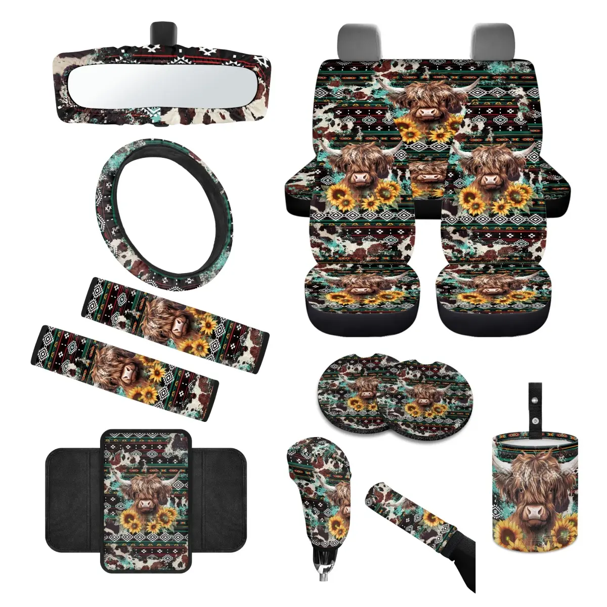 GEPRINT 14-Piece Animal Print Highland Cow & Sunflower Car Interior Kit, Includes Seat Covers, Steering Wheel Cover, Seat Belt Pads, Cup Coasters, Trendy Farmhouse Style for Most Vehicles, Seat Covers For Cars