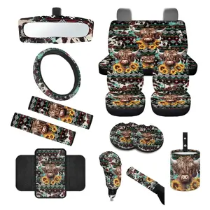 Cute Highland Cow&Sunflower Pattern 14 PCS Car Seat Covers Set for Auto Decoration, Car Steering Wheel Cover Seat Belt Covers Trash Bin Rear View Mirror Cover Auto Armrest Cushion Coasters Gear Shift Cover Set