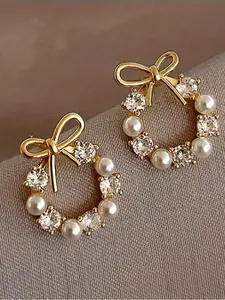 Retro Style Imitation Crystal & Diamond Bow Earrings, Zinc Alloy Stainless Steel, Bohemian Women's Jewelry, Durable Gift Choice, Ear Crystals