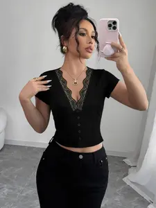 2026 New Women's Deep V Lace Trim Half Button Slim Short Sleeve Top, Sexy Chic Design, Stretch Fit, Versatile Casual Streetwear, Womenswear