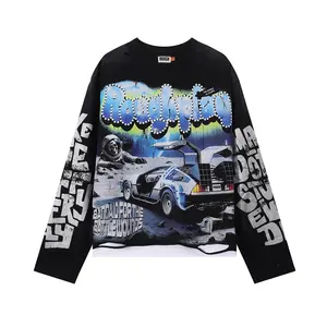 Oversized "BACK TO THE FUTURE" Graphic Long Sleeve Tee with Rhinestone, Vintage Washed & Faux 2-Piece Layered Hem, Y2K Grunge Streetwear, Unisex Edgy Top for Men Women Summer OOTD