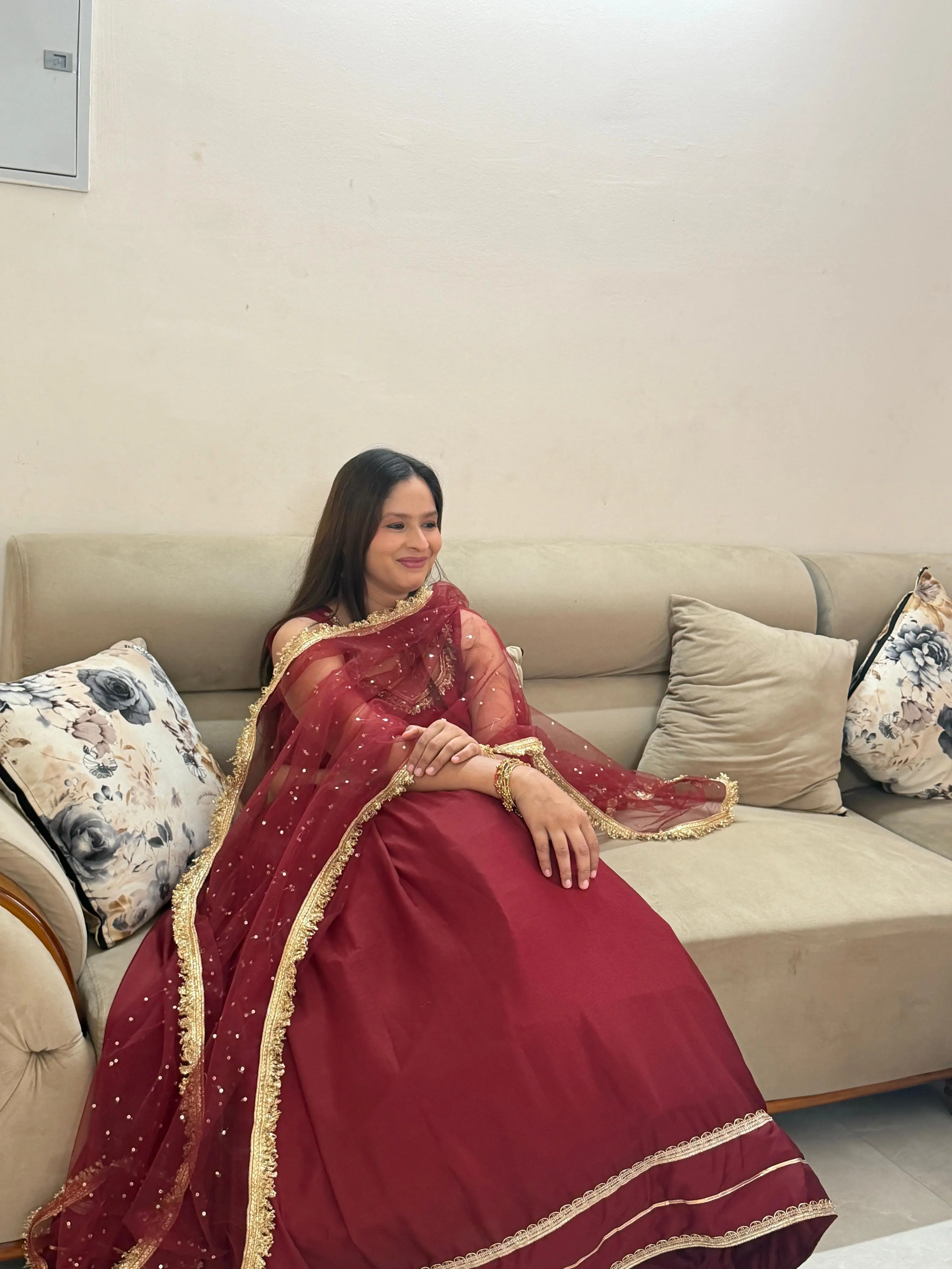 Luxury Mehroon Lehenga Set – Chinon with Gota Patti Work & Hand Embroidered Blouse