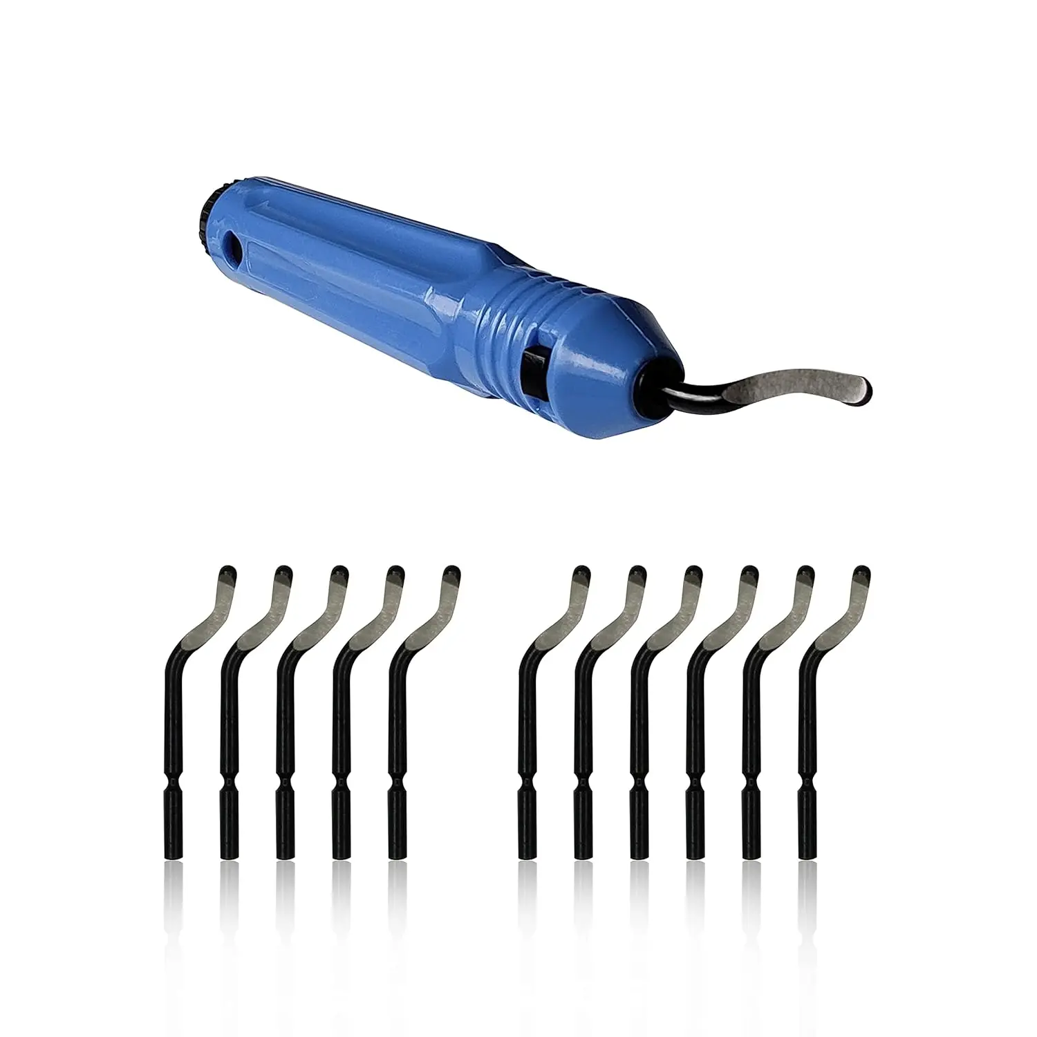 Deburring Tool Kit for DIY Enthusiasts - 360° Rotation Tool, Ergonomic Anti-Slip Synthetic ABS Material NB1100 Handle, 10 Count Extra BS1010 Resistant-to-Wear Deburring Blades (12.5cm/4.9in, 62-65HRC) for Metal, Plastic, Manufacturer Warranty