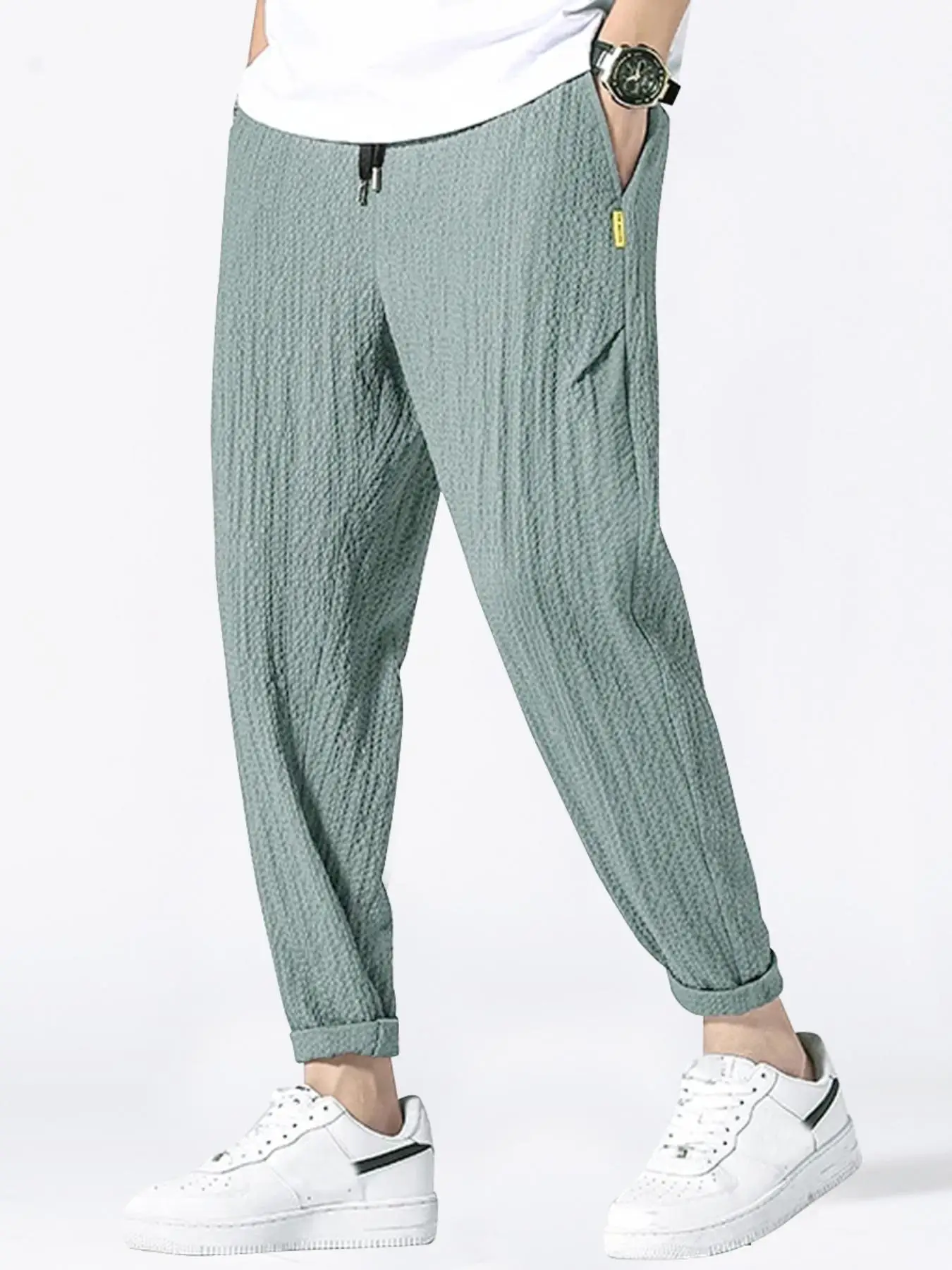 Men's Summer Thin Solid Textured Pants, Stylish Soft Slant Pocket Plain Casual Joggers, Elastic Waist Bottoms for Men, Valentine's Day Outfit, Going o