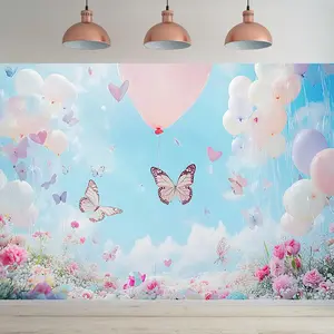1pc Butterfly & Balloon Birthday Party Banner - Pastel Sky Blue Polyester Backdrop with Floral & Heart Decor, Durable All-Season Photo Backdrop for Home Wall Decor, Room, Party Supplies, Photo