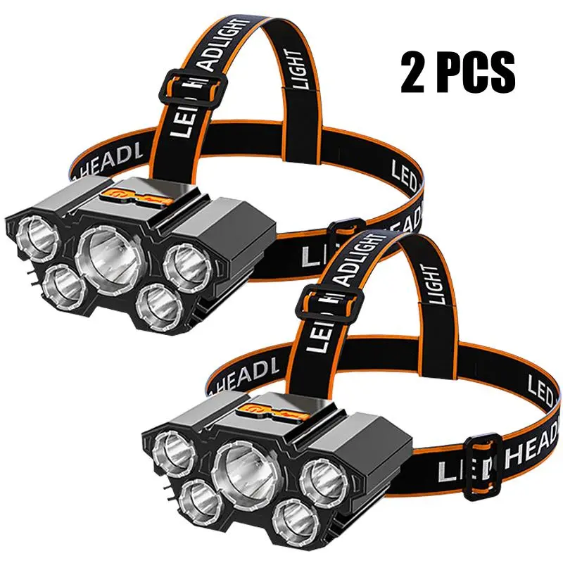 2-Pack Rechargeable Headlamp Set - 5-LED, 18000-Lumen, Adjustable, USB-Charged, Waterproof for Wet Trails, Long-Range Torch for Camping, Practical Gift for Husband (Home & Festive Party Supplies)