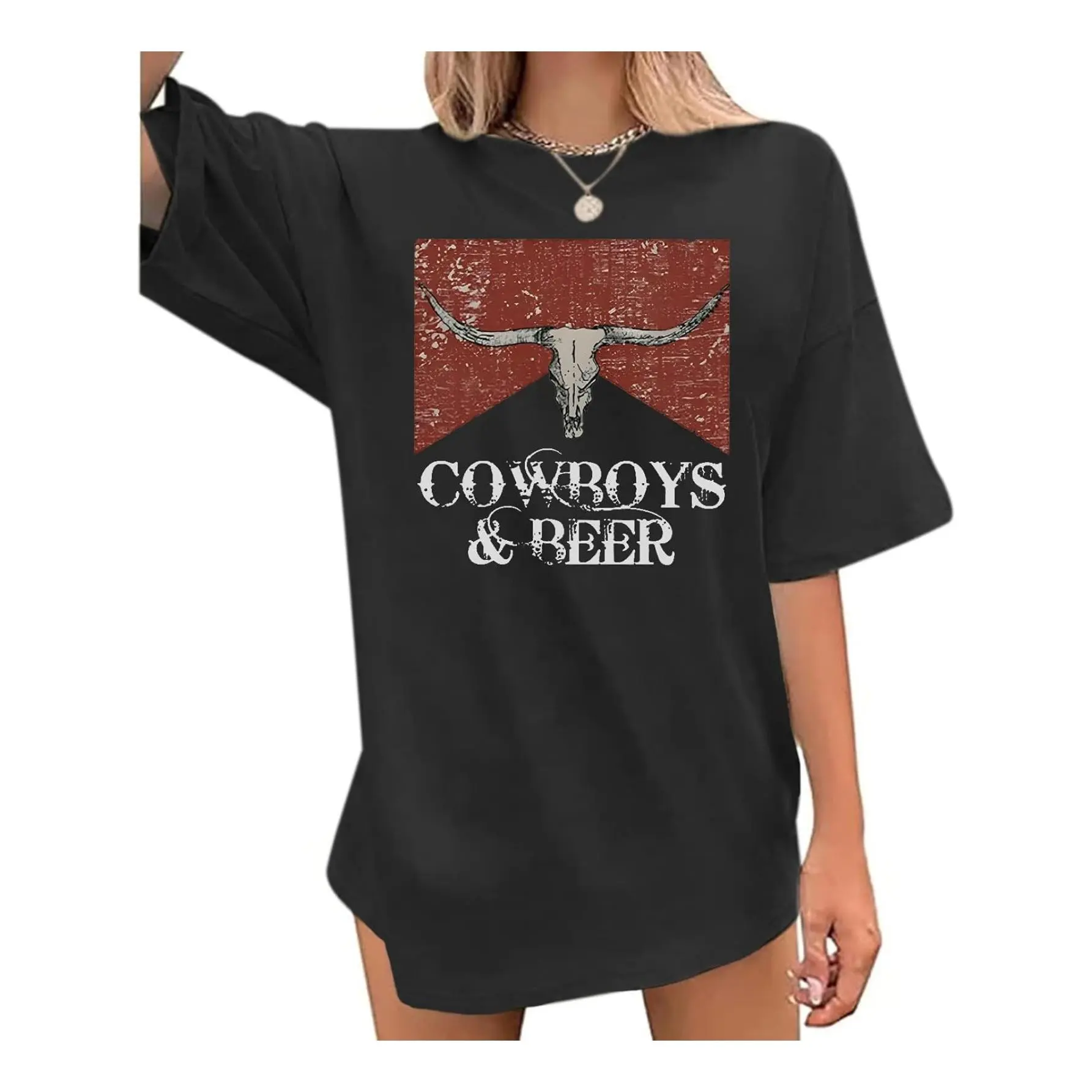 Women's Fitted Graphic T-Shirt, Casual Retro Western Style with Round Neck, Cowboys & Beer Country Concert Outfit Top, Tshirt