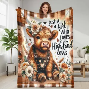 Highland Cow Flannel Blanket Floral Plaid Print Cozy Warm Soft Throw  Rustic Farmhouse Style  Perfect for Sofa  Bedroom  Living Room Decor  Autumn Gift  Home Relaxation  Romantic Evening Use