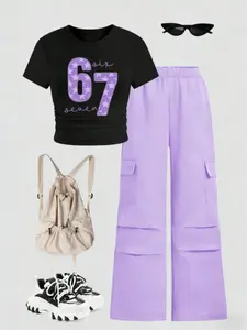 Girls Summer Letter Print Short Sleeve Workwear Pants Set, Fitted Round Neck T-Shirt, Comfortable Breathable Fabric, Ages 6-12