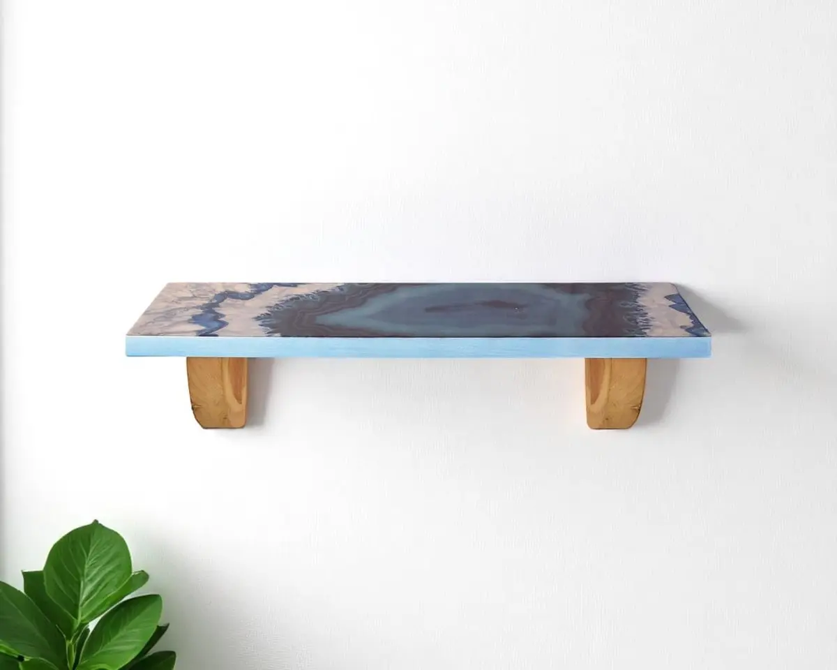 36 in. Wooden Wall Mounted Agate Print Floating Accent Shelf - 1 Piece, 360 Stand, Blue & Natural Distressed Bohemian Look, Wood Scoring & Rub Through, 1 Size Home Decor for Boho Lovers, Floating Shelves, One Size