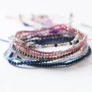 Natural Dainty Multi-Gemstone 2-3mm Tiny Beads Crystal Healing Charka Crystal Gold-Plated Chain Minimalist Bracelet Gift for Women (40 Types)