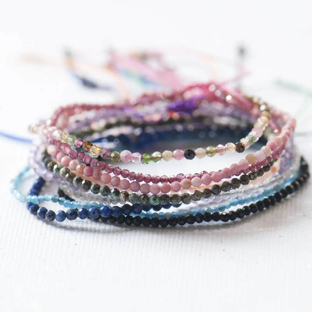 Natural Dainty Multi-Gemstone 2-3mm Tiny Beads Crystal Healing Charka Crystal Gold-Plated Chain Minimalist Bracelet Gift for Women (40 Types)