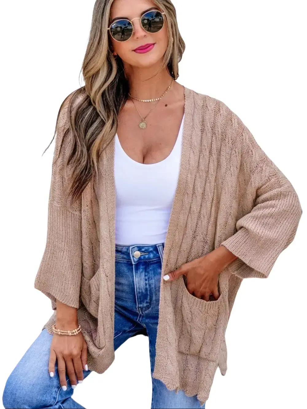 PHEFEE  Women's  Open Front Knit Cardigan - 3 Quarter Sleeve, Drop Shoulder Shirt, Crochet Texture, Soft Acrylic Lightweight Outerwear with Front Pockets