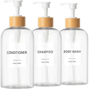 Shampoo and Conditioner Dispenser, Refillable Plastic Shampoo Pump Bottles with  Labels, Empty  Wash Dispenser Set for Bathroom, Shower Soap Bottles (Clear, Set of 3, 16.9oz)