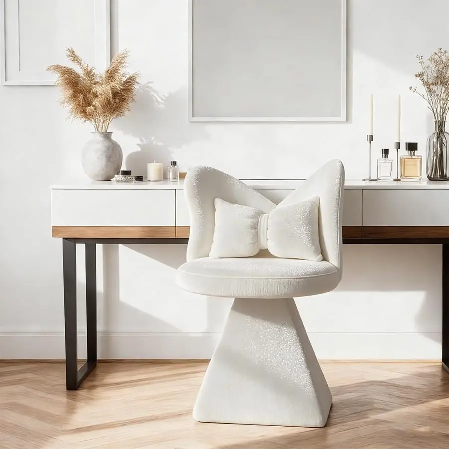 360° Swivel Accent Sofa Chair, Armless Chenille Vanity Chair, Upholstered Single Sofa for Living Room, Bedroom, or Vanity, White