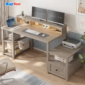 Raybee 63" Long Computer Desk with Storage,Workstations with Drawer&Power Outlets,Home Office Desks with Shelves Monitor Stand for Work Study, Dark Oak,Ash Gray