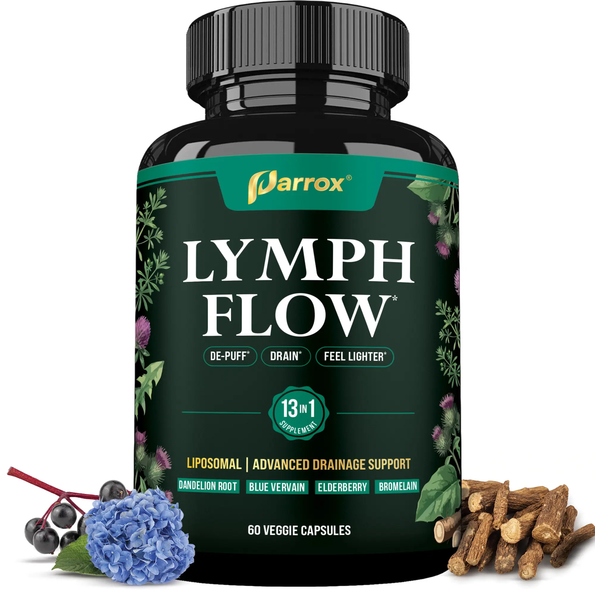 Parrox Lymph Flow - 13 in 1 Support for De-Puff, Drain, Lighter Feel - Liposomal Lymphatic Drainage Supplement - (60 Veggie Capsules)