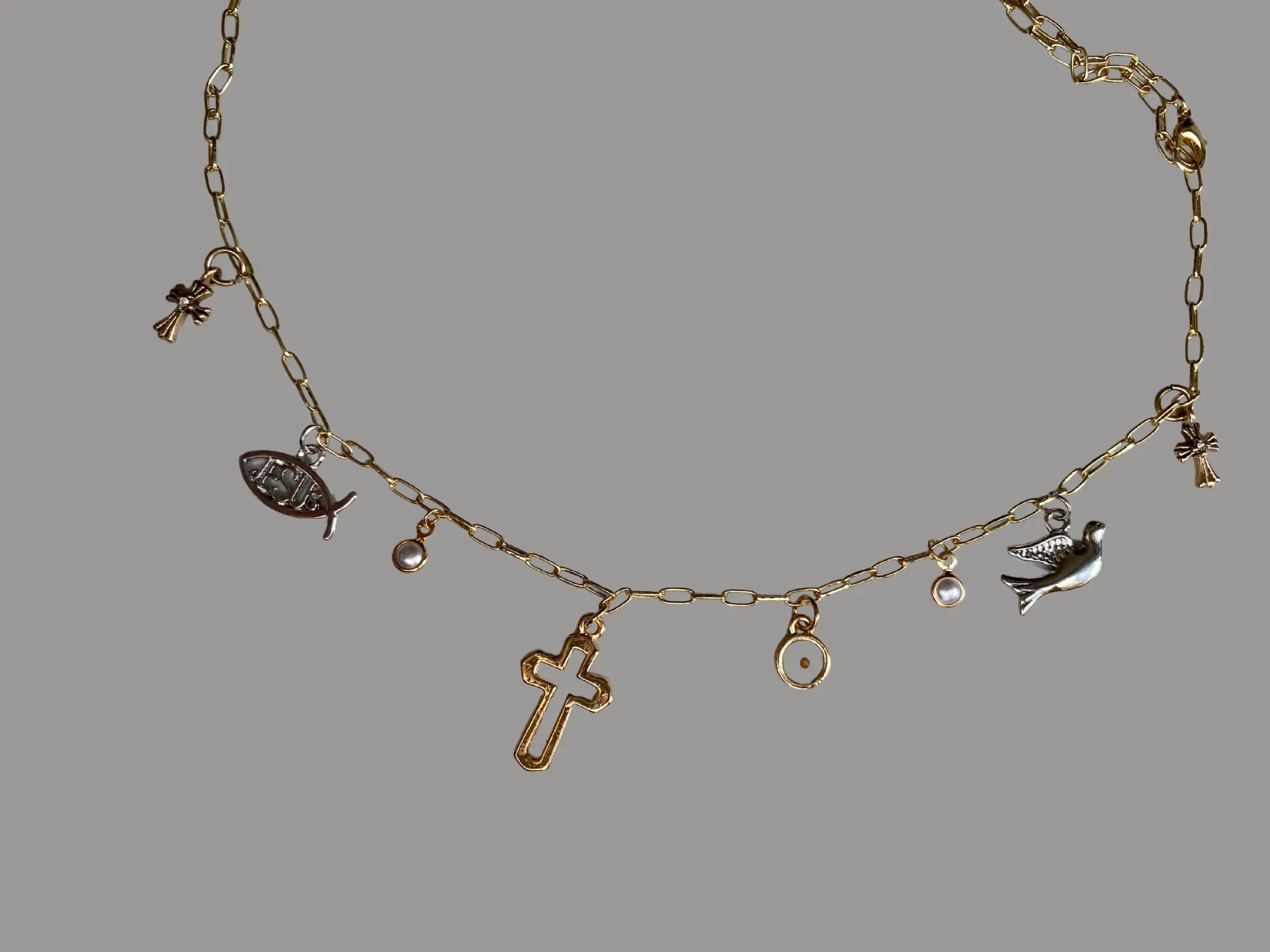 Bible Charm Chain Elegant Faith Based Mustard Seed Cross Jewelry for Bible with Fish and Dove Charms