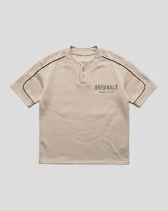 Brooklyn Cloth Originals Fleece Baseball Shirt, Oversized Drop Shoulder Henley Neck Fleece Baseball Top for Casual Streetwear, Pumice Stone, Small to Large