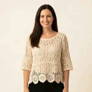 Women's Crochet Tops Hollowed Hook Flower Thin Sleeve Sweater