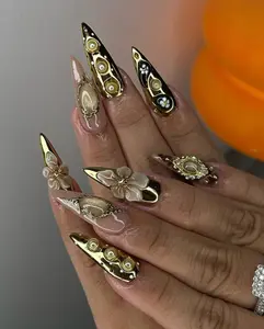 Alice WonderNails – Luxury Gold Press On Nails | 3D Flower & Pearl Fake Nails | Gold Chrome Nail Art | Elegant Handmade Press Ons – AW324