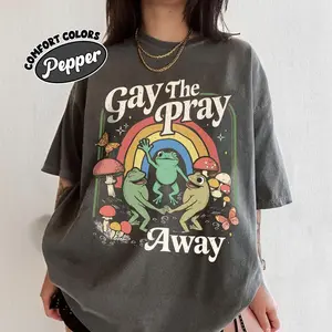 Comfort Colors Gay The Pray Away Shirt, Retro Gay Frog Tee, Funny Queer Saying T-Shirt, Cottagecore Frog Graphic Tee, LGBTQ Pride Shirt