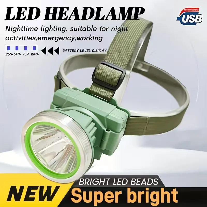 Rechargeable super-bright LED headlamp for cars, Type‑C charging, 3 lighting modes (high/low/SOS), durable ABS, lightweight design—suitable for car use, work, hunting, fishing, repairs, and running.
