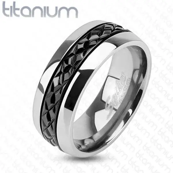 8mm Diagonal Cut Pattern Black IP Centered Ring Titanium Men's Ring