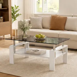 ARCH Rectangle Coffee Table with Tempered Glass Top and MDF Layer, Modern Living Room Table, Gray Glass, Durable Iron Legs, Easy Assembly, 39.2L x 23.4W x 17.7H, Multiple Color Options, Brown+Black/Brown+White/Gray/Transparent Color Options
