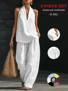 2026 Sexy Halter Backless Two Piece Set, Linen V-Neck Top & High Waist Wide Leg Pants, Summer Boho Beach, Lengthen Legs