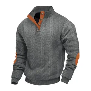 Men's Heavyweight Jacquard Knit Pullover Sweater, Fall Winter Knitwear, Button Stand Collar Long Sleeve, Fall Winter Casual Office Outdoor Wear
